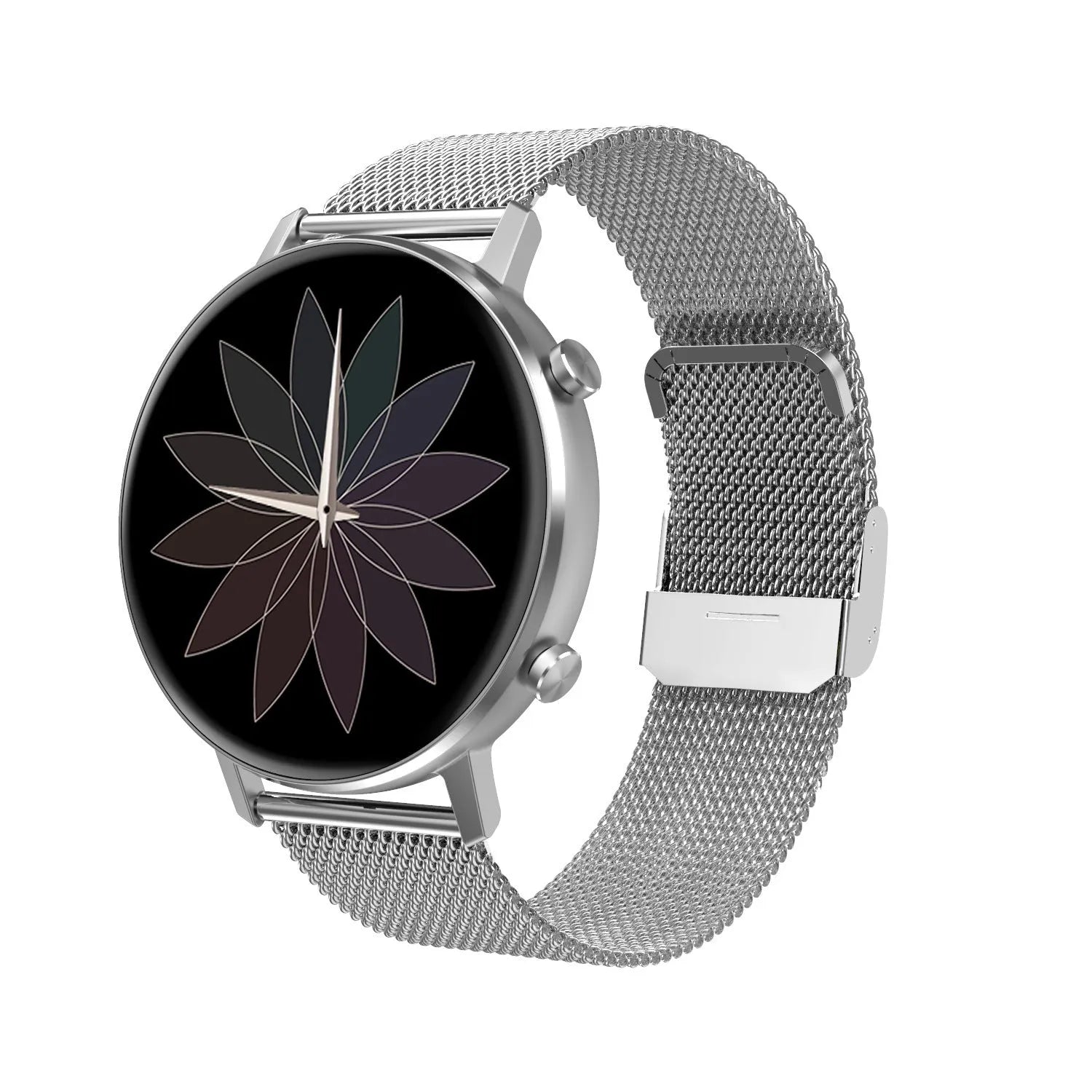 DT96 smart fitness tracker with 1.3-inch screen and steel wrist strap in black, rose gold, or silver.