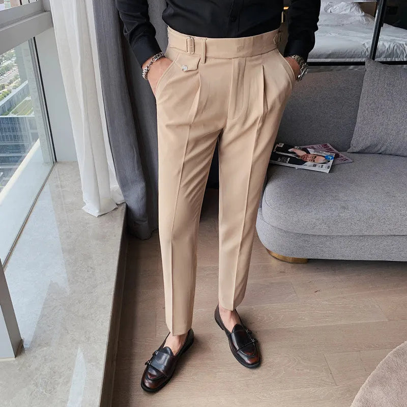 Men's straight leg polyester trousers in solid colours showing front and side views