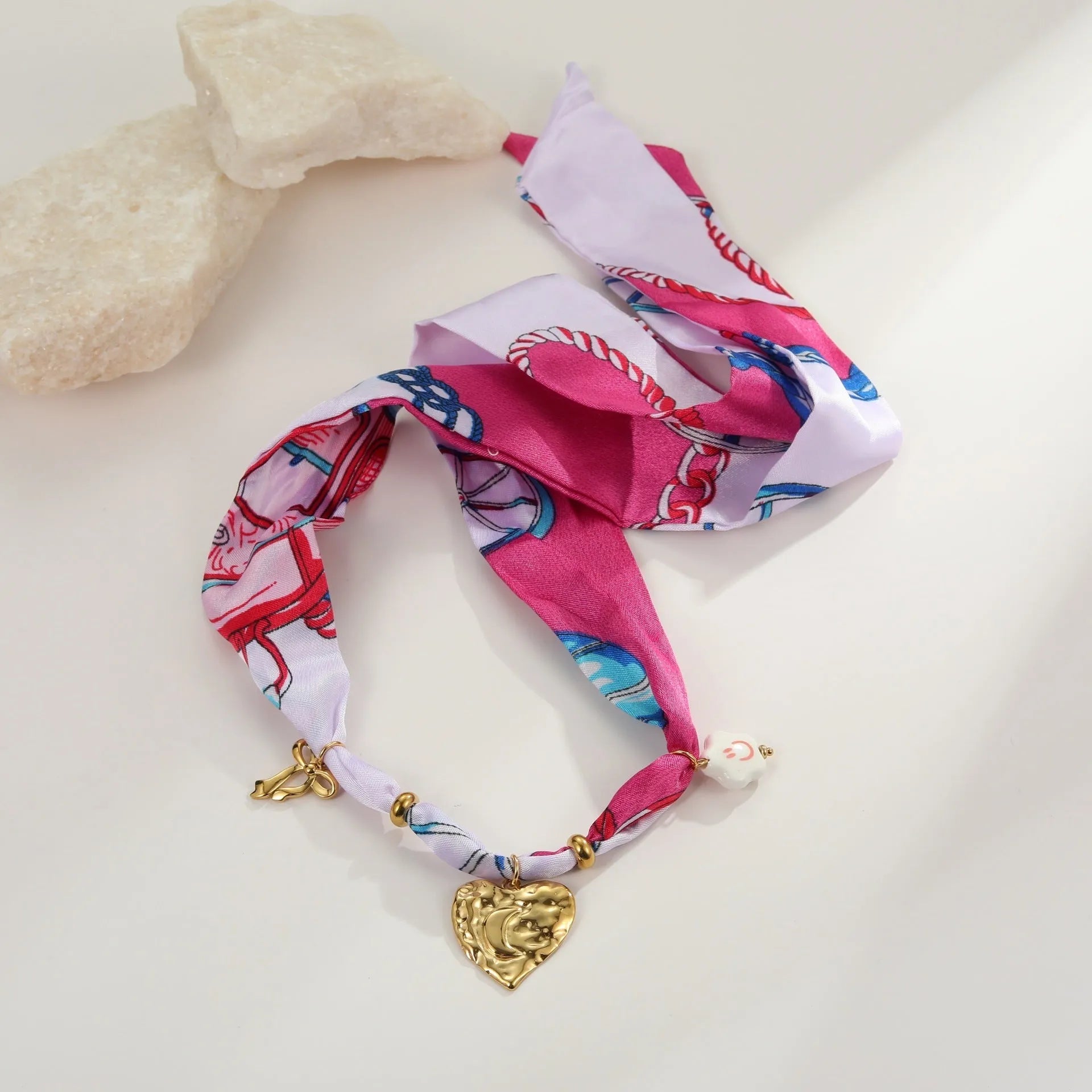 Stainless steel necklace and bracelet set with colourful silk scarf pendant and geometric chain design