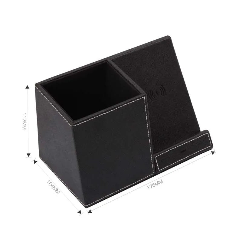 Black leather pen holder wireless charging station for desk organisation with phone charging surface