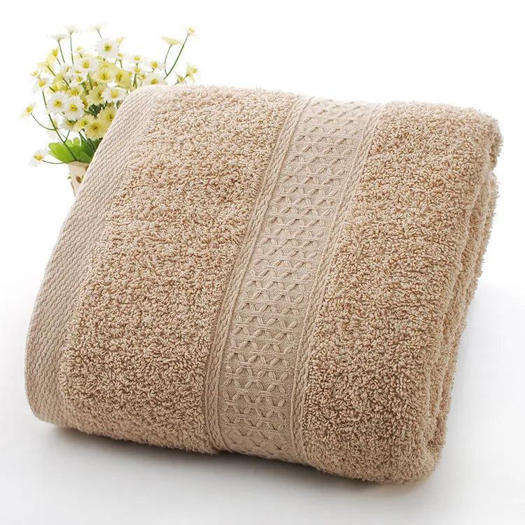 Thickened cotton blend bath beach towel showing colour options including green, blue, brown, and pink