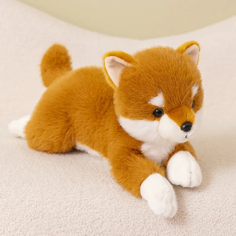 Lying posture simulation Shiba Inu Brown plush doll 35cm on soft surface