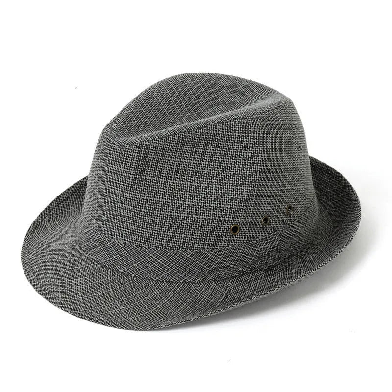 Classic brown fedora hat with structured crown and wide brim on a wooden stand