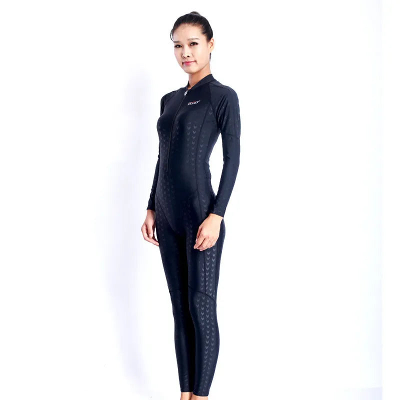 Unisex Pure Black shark skin zipper one-piece quick-dry swimsuit on model