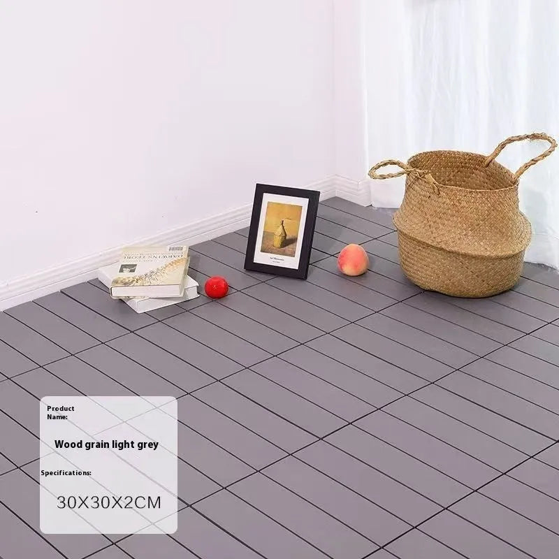 Plastic interlocking floor tile with wood grain finish and non-slip surface, 300mm x 300mm size