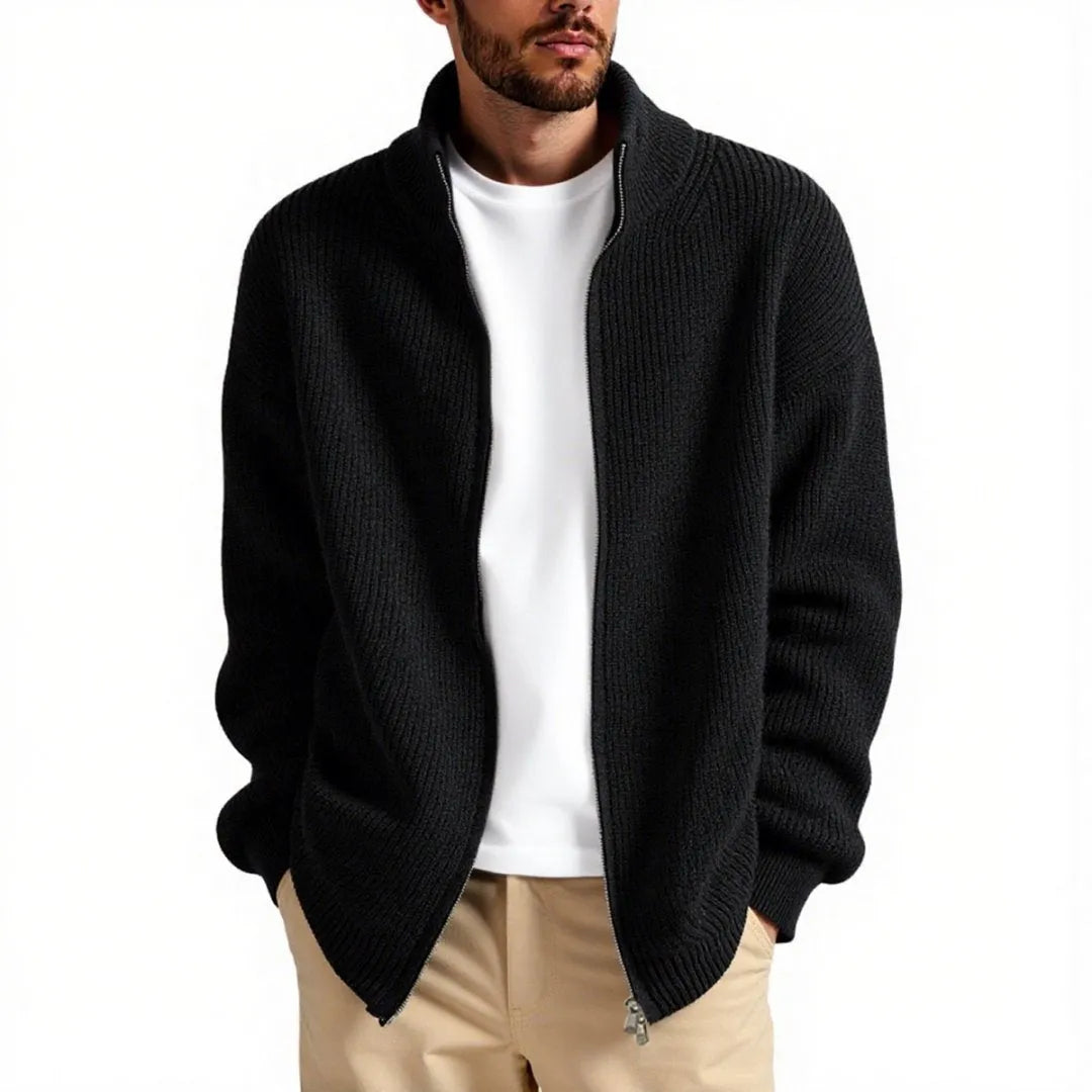 Men's loose fit cardigan sweater in acrylic blend fabric, shown in grey green colour.