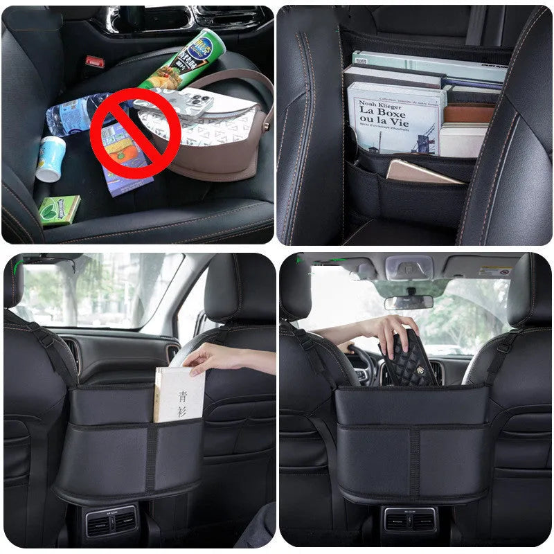 Black leather car seat organiser bag with carbon fibre pattern, shown in a car's centre seat gap.