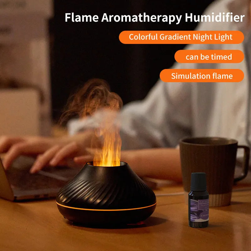 RGB flame aroma diffuser 130ml 3D colourful fire volcano effect night light black white, with Type-C cable