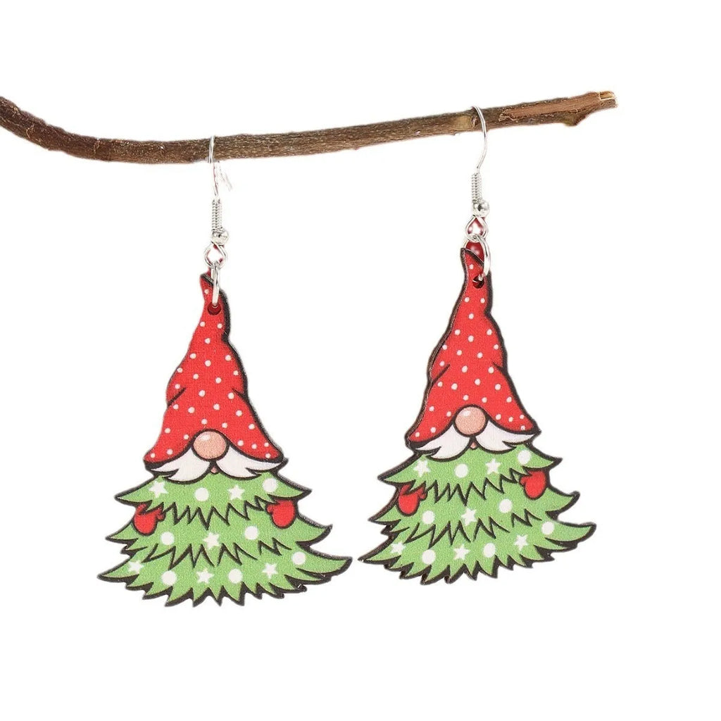 Women's wooden Christmas earrings with printed tree and snowman designs in geometric shapes