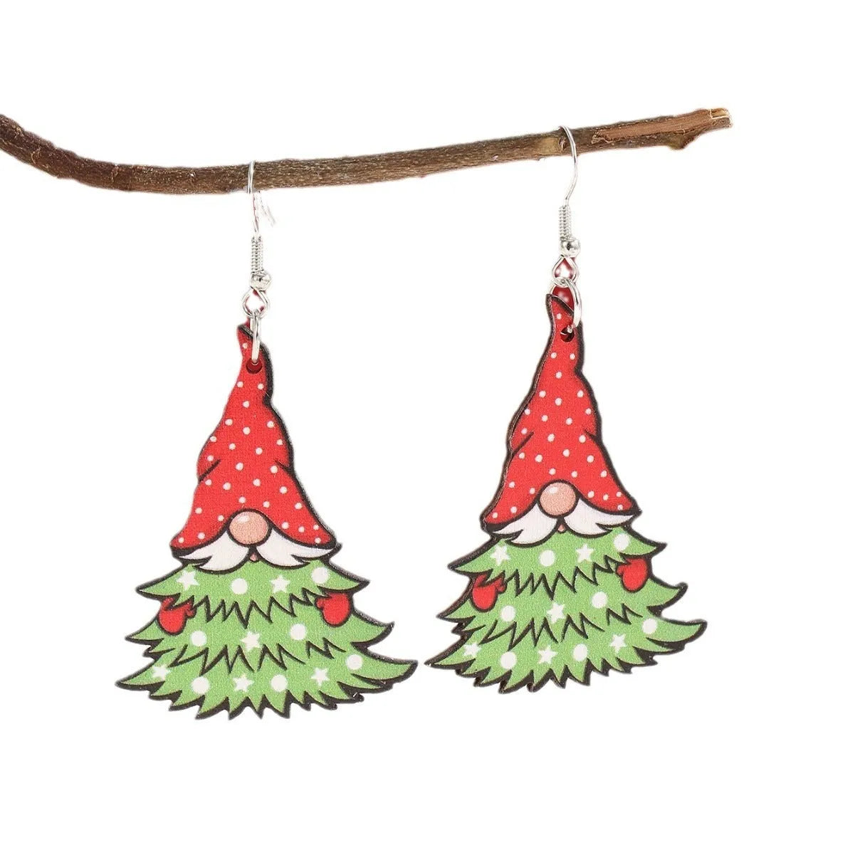 Women's wooden Christmas earrings with printed tree and snowman designs in geometric shapes