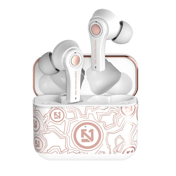 Black and white TWS wireless headphones with touch controls in charging case