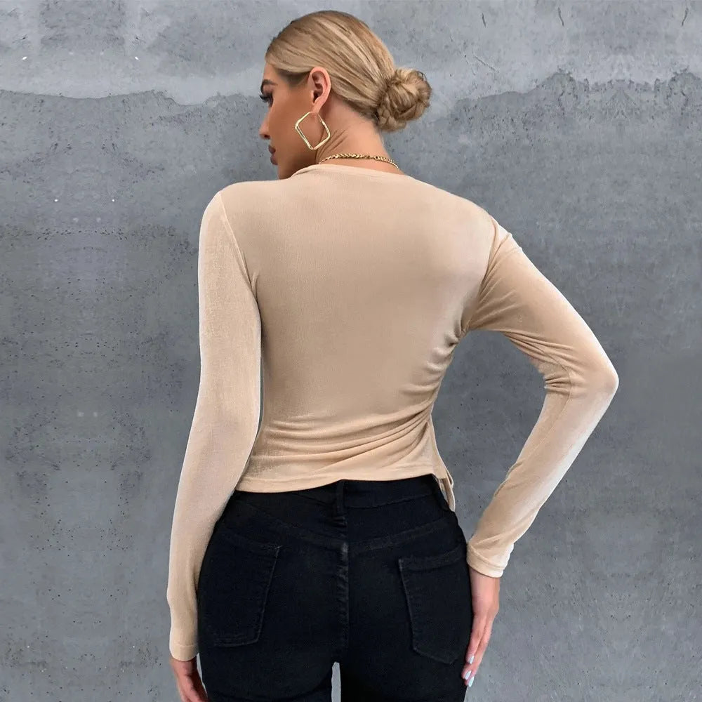 Khaki slim-fit round-neck long-sleeve glossy knit polyester top for women