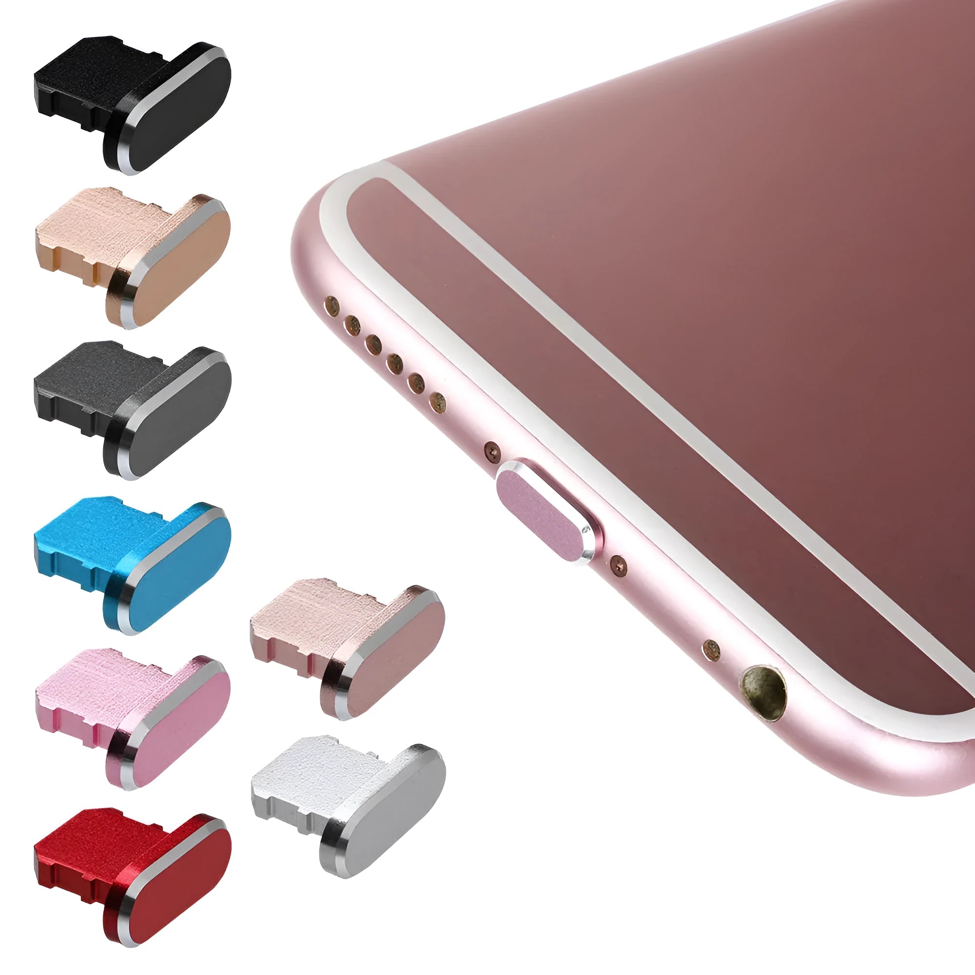 Aluminium alloy charging port dust plug for iPhone in various colours including gold, silver, blue, and black.