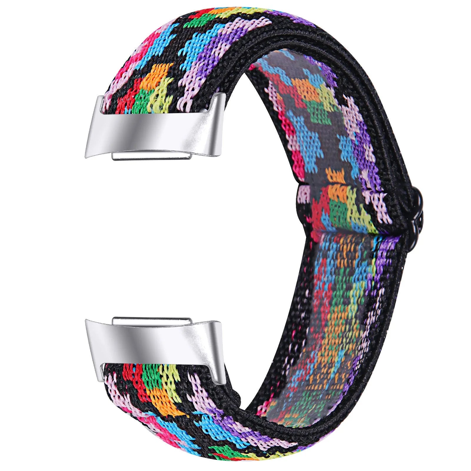 Printed elastic replacement watch strap for Fitbit Charge 6 in assorted colours on a white background