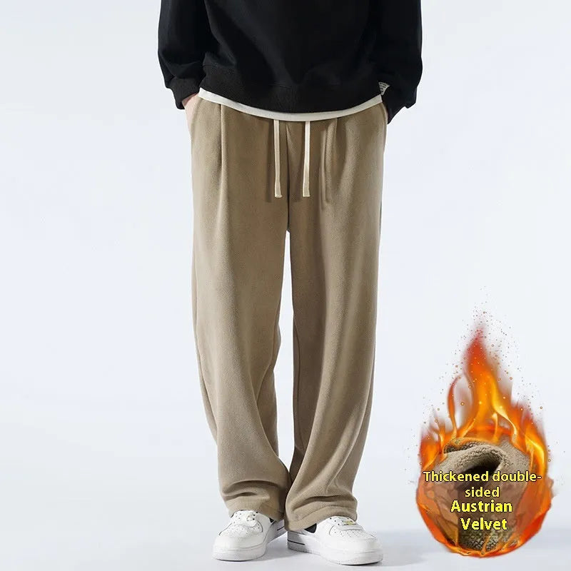 Men's double-sided polar fleece winter trousers with wool lining in loose fit Korean style