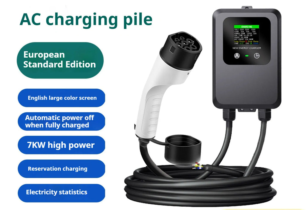 7KW AC EV charging pile with European standard gun head, colour screen or LED options, 3 M to 10 M cable