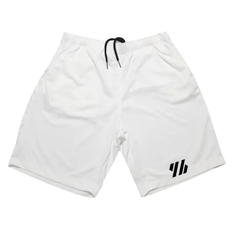 Man's loose-fit metal silk sports shorts in various colours on a hanger.