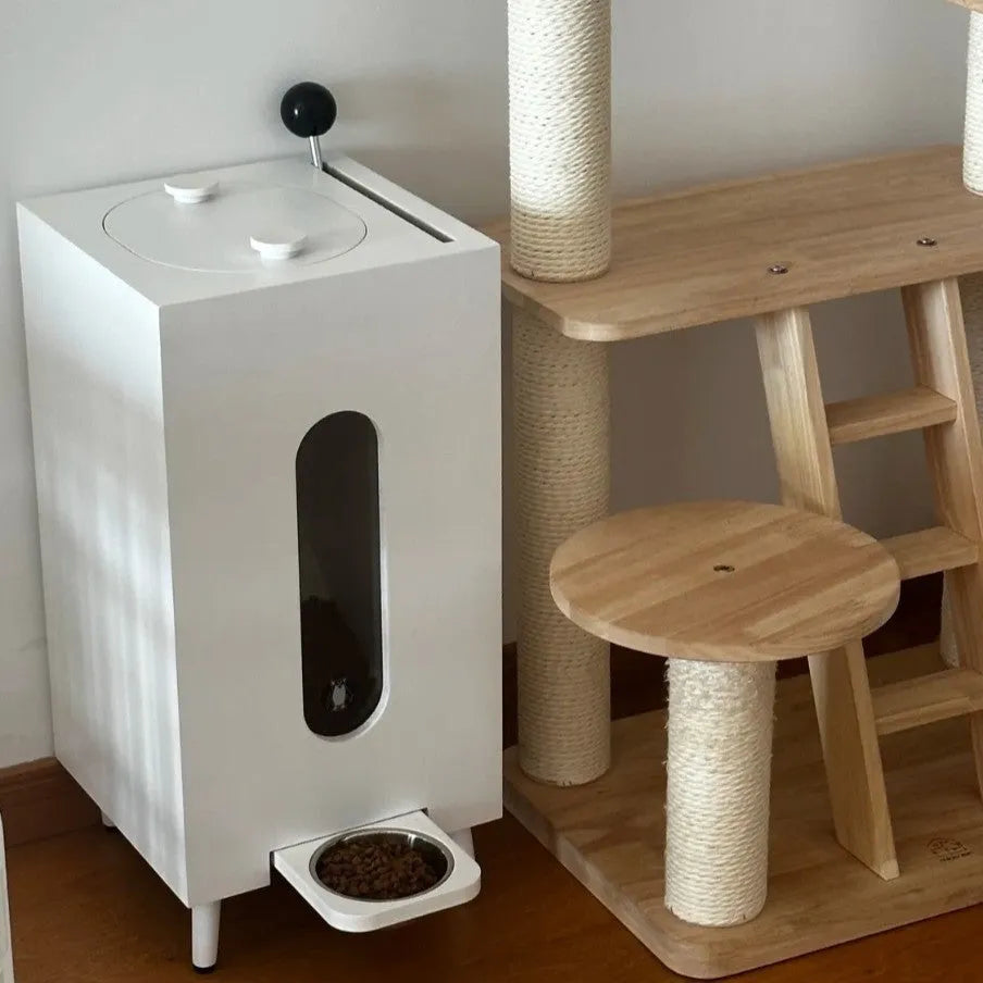 Wooden pet feeder with high 20cm or low 10cm legs, available in black, white, or wood colour for dogs and cats