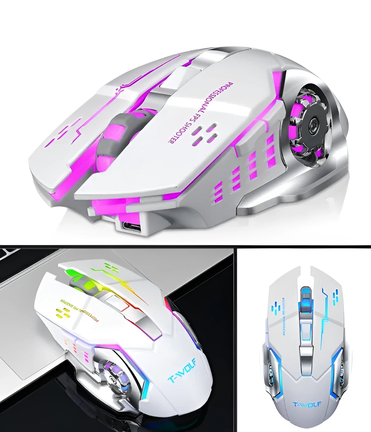 Black and white wireless charging mouse with six buttons and silent click mechanism
