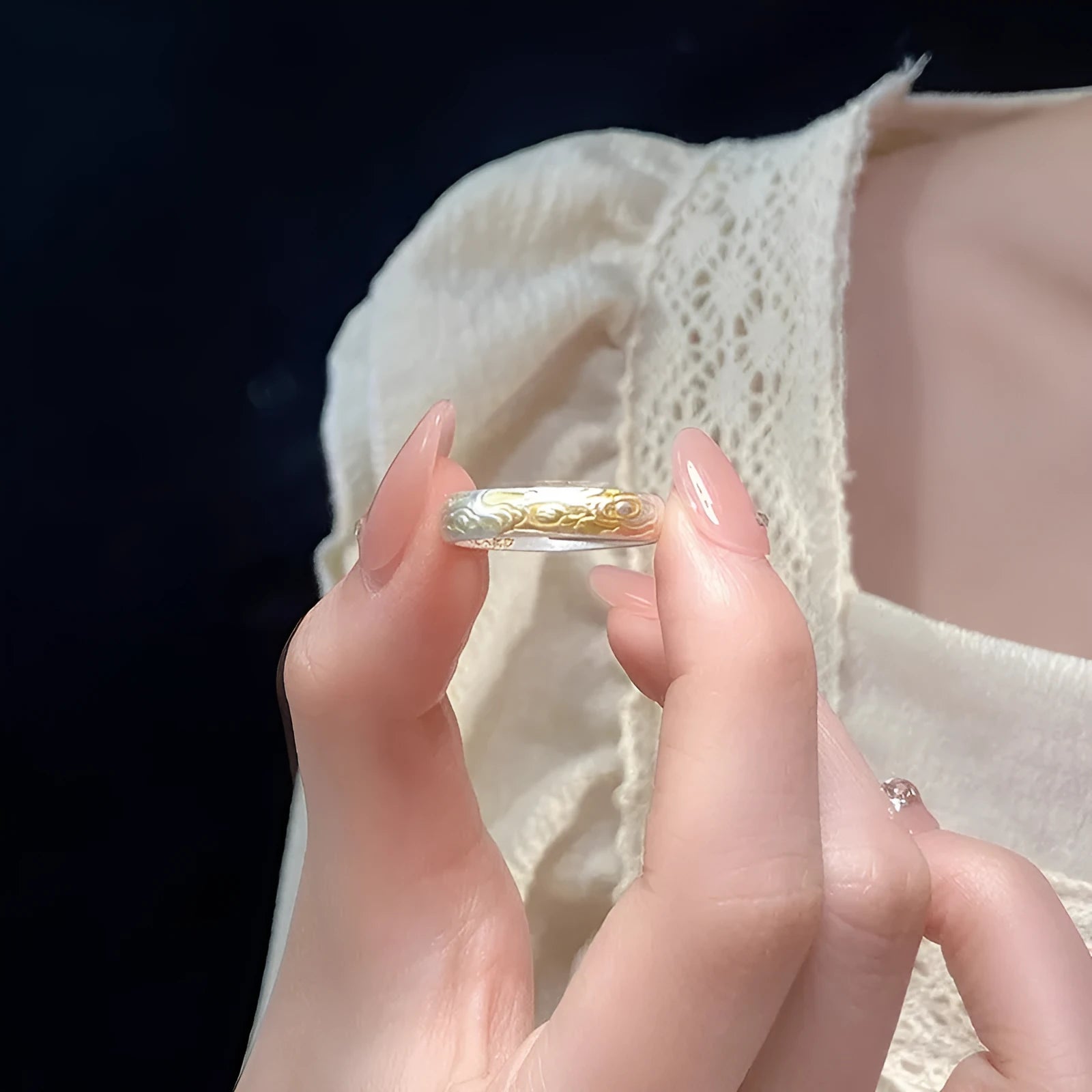White copper adjustable open mouth ring with Xiangyun cloud patterns and geometric fairy style design