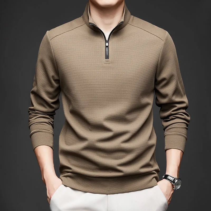 Men's lapel long sleeve solid colour polyester cardigan in dark gray, front view