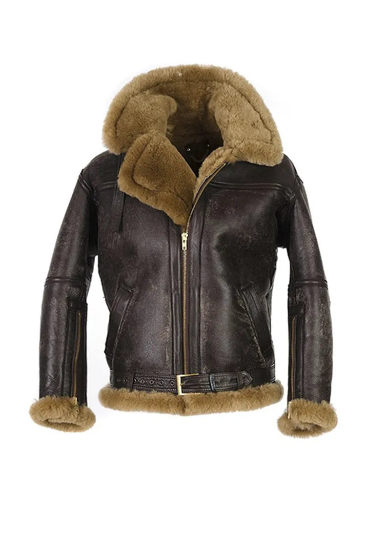 Men's brown retro western-style synthetic leather winter coat with side pockets on a mannequin.