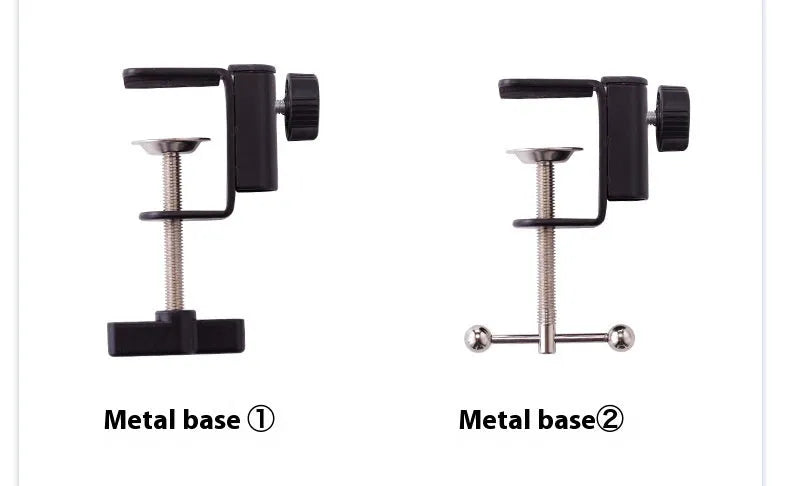 Black desktop tablet cantilever bracket with foldable metal construction and tablet clip