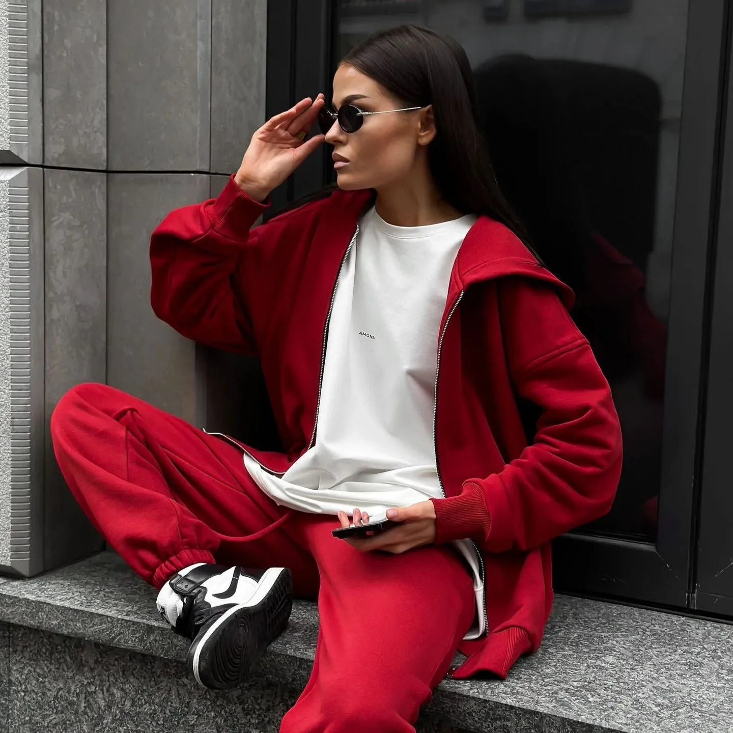 Red loose fit long sleeve coat and trousers two-piece women's street style set