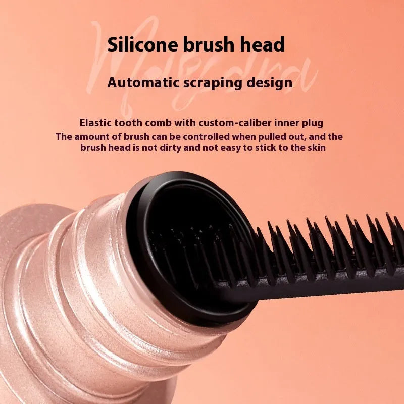 Black natural curly long mascara container with curved brush applicator showing 14cm length