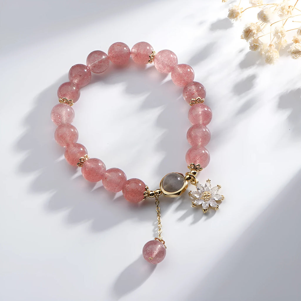 Korean style strawberry quartz crystal bracelet with electroplated floral decorations in Mori aesthetic design