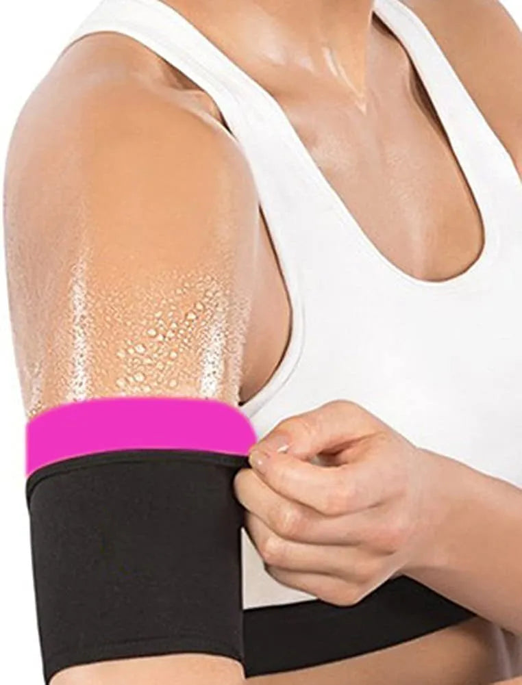 Adjustable arm compression sweatband in blue with hook-and-loop closure, worn on forearm.