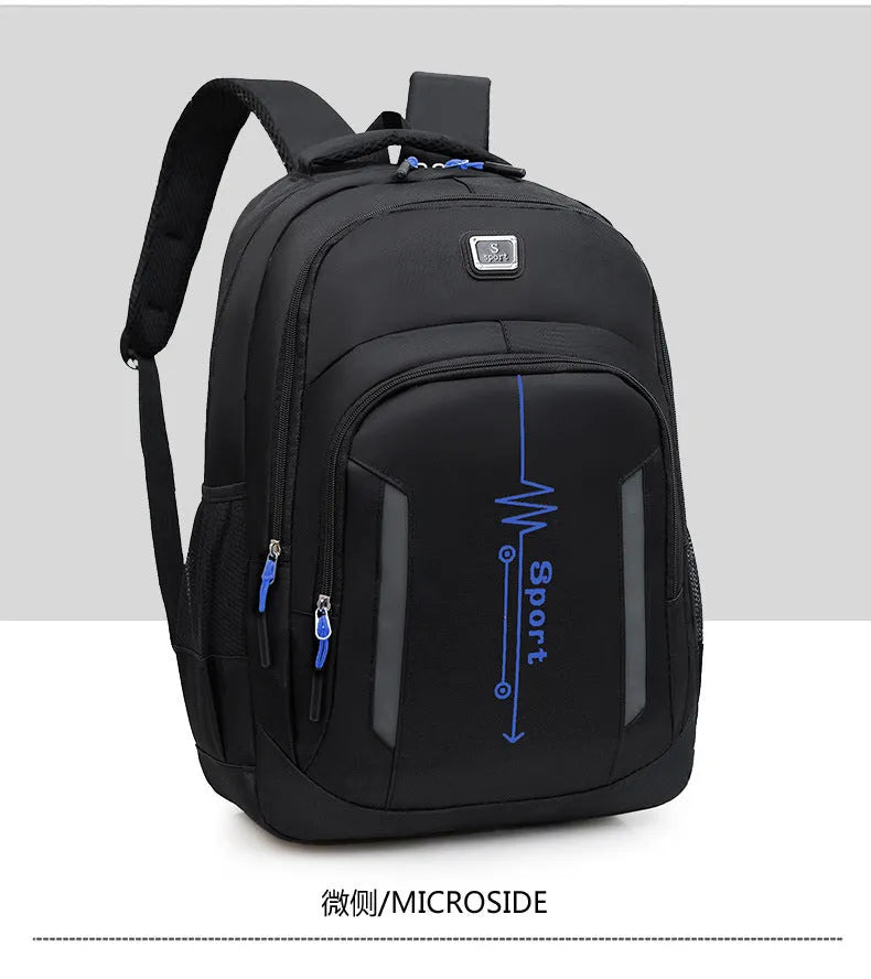 Blue business travel backpack with airpillow straps and sewing line detail on Oxford cloth.