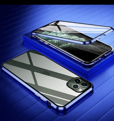 Solid colour glass anti-spy clamshell phone case for iPhone, shown in geometric design.