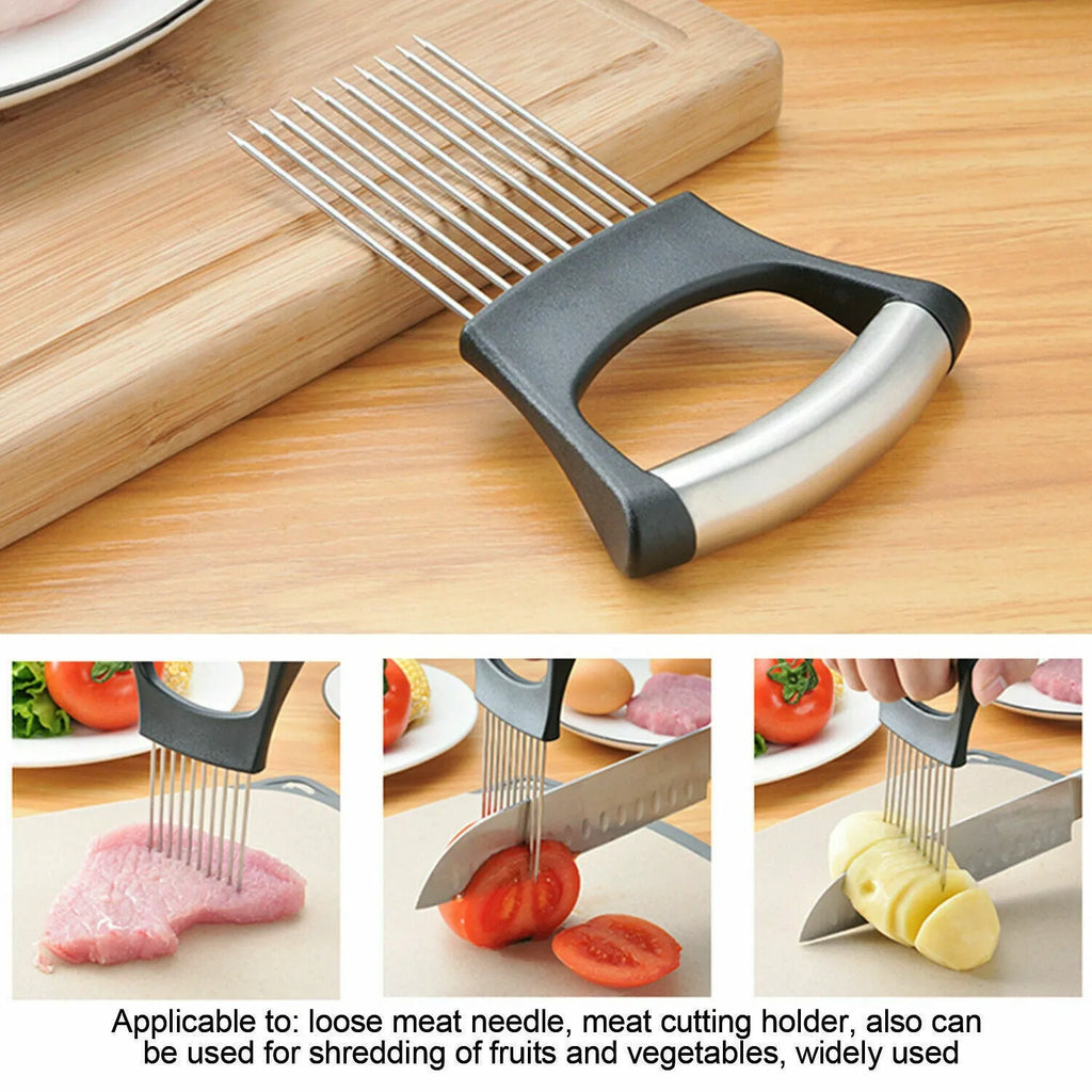 Stainless steel onion and tomato holder slicer with ABS handle on a kitchen worktop.