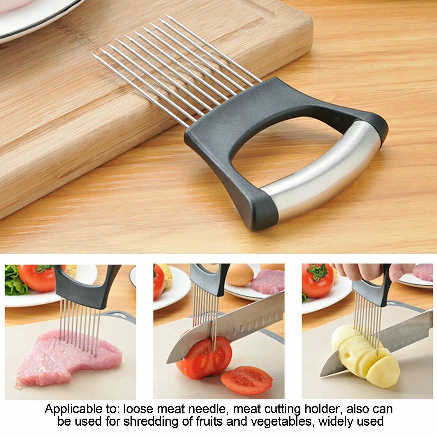 Stainless steel onion and tomato holder slicer with ABS handle on a kitchen worktop.