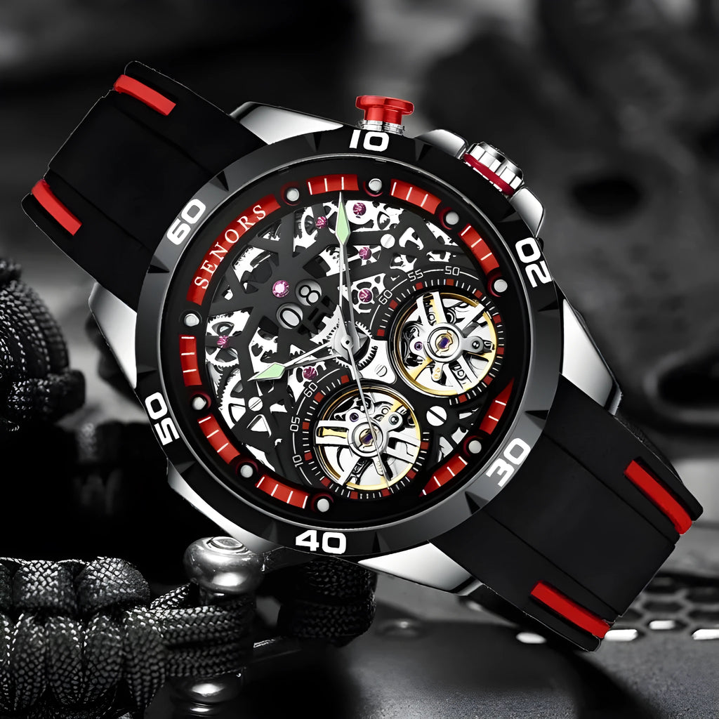 Men's automatic mechanical watch with luminous hands and a skeleton dial showing the movement, in a choice of red or blue.