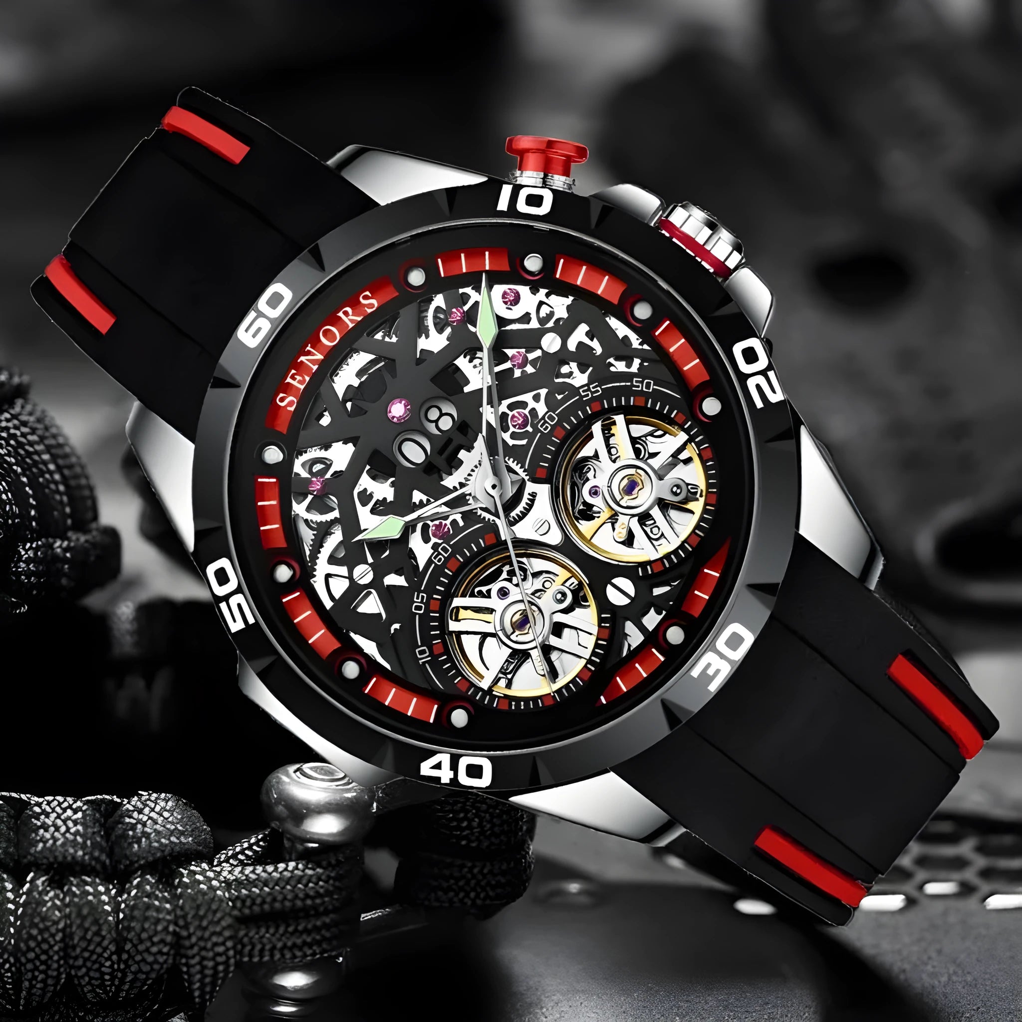 Men's automatic mechanical watch with luminous hands and a skeleton dial showing the movement, in a choice of red or blue.
