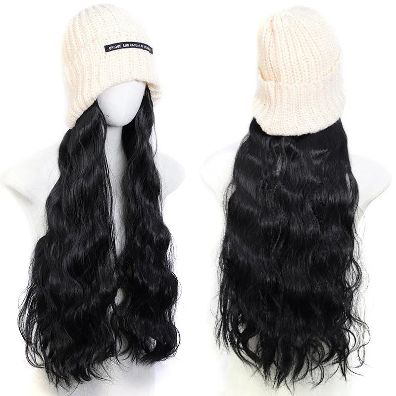 Hat wig with long curly high temperature fibre hair in multiple colour options