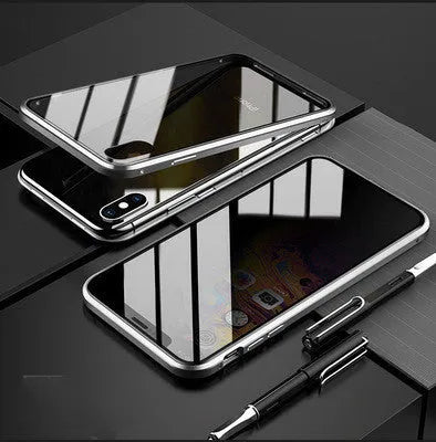 Black magnetic flip phone case with anti-peep screen for iPhone, showing metal frame.