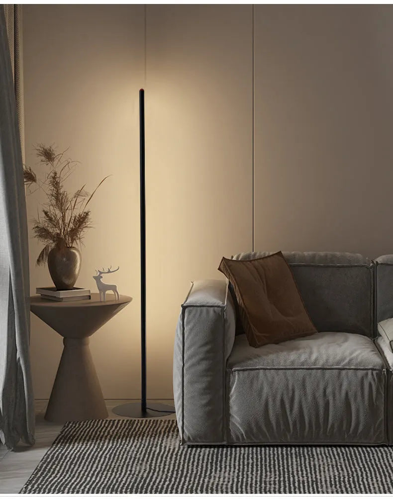 Simple vertical aluminium alloy floor lamp with a USB plug, shown beside a sofa.
