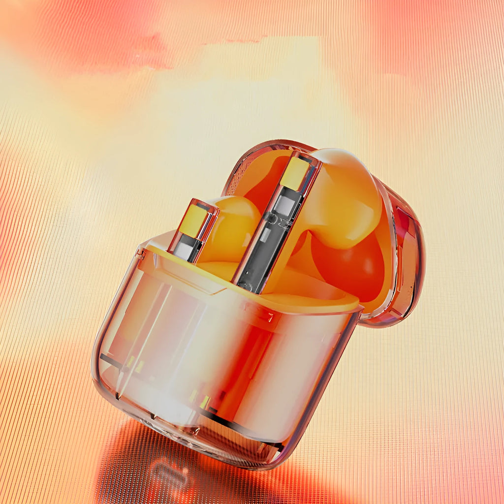 YX06 transparent TWS wireless earbuds in black, green, orange, and white colours with charging case.