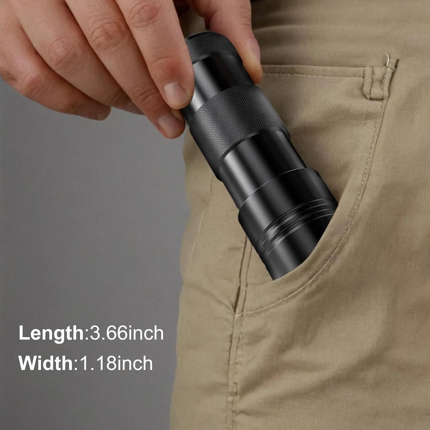 Black aluminium alloy UV flashlight with tail switch for detecting stains and pests.