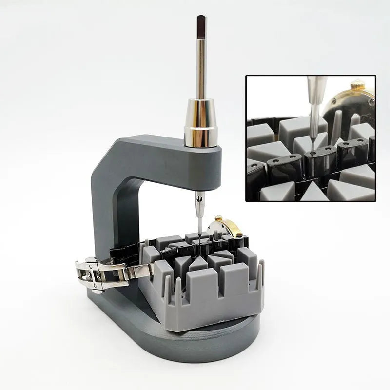 Silver-coloured tool steel press strap removal tool for watches and jewellery with metric blade.