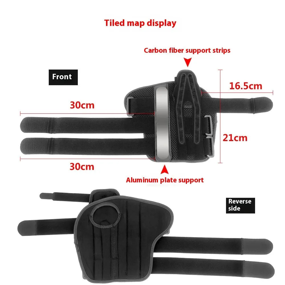 Black carbon fibre wrist guard with thumb strap and grey edging, shown for left and right hand.