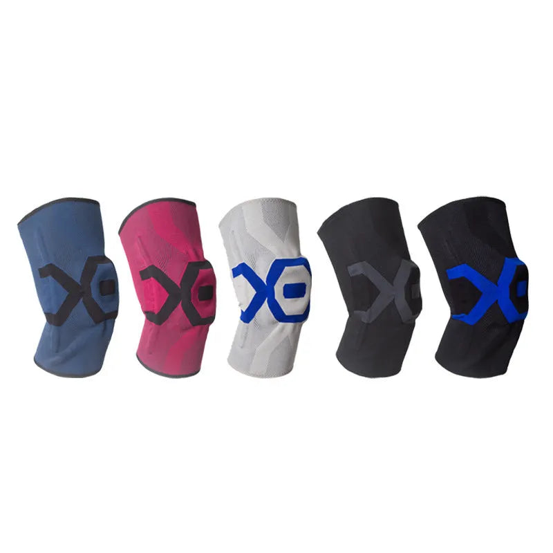Men's silicone knee pads for sports in black and blue, shown from a front view.