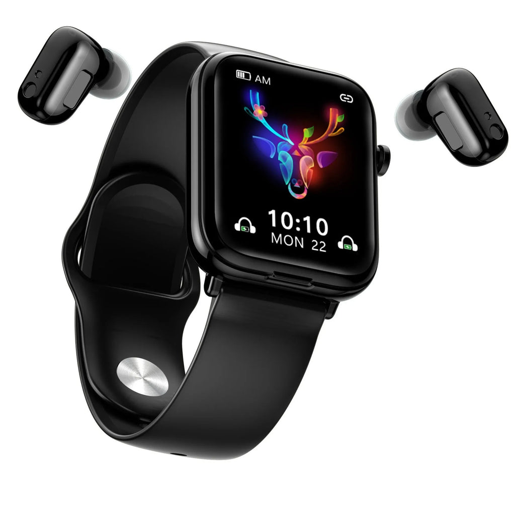 Black smartwatch with detachable wireless earbuds on a 1.69-inch touchscreen display.