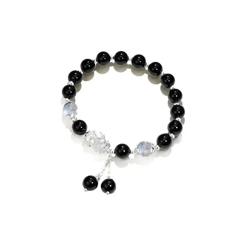 Natural black agate crystal couple bracelet with 10mm wave beads and grey opal accents