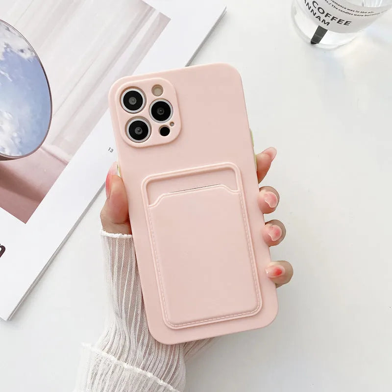 TPU card slot phone case for Apple iPhone in black with card inserted in rear slot
