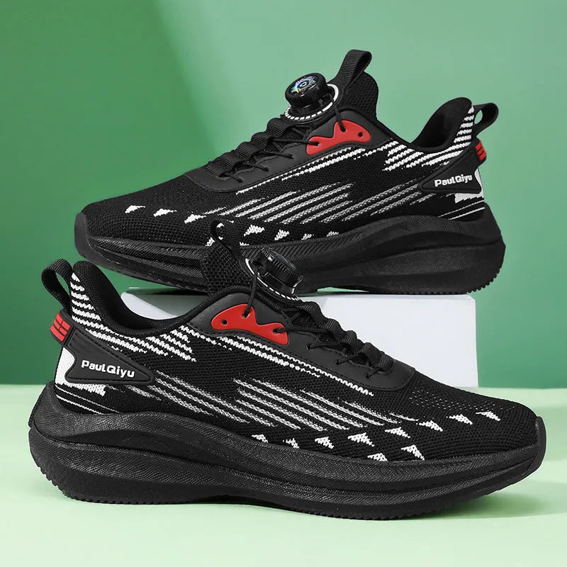 Men's white and green casual running shoes with fly-kit mesh, rotating buckle, and flat TPU sole.