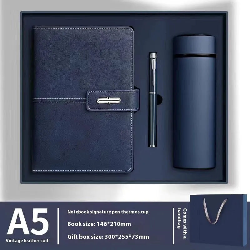 A5 notebook with PU leather cover in choice of colour, shown open on wood-free paper pages.